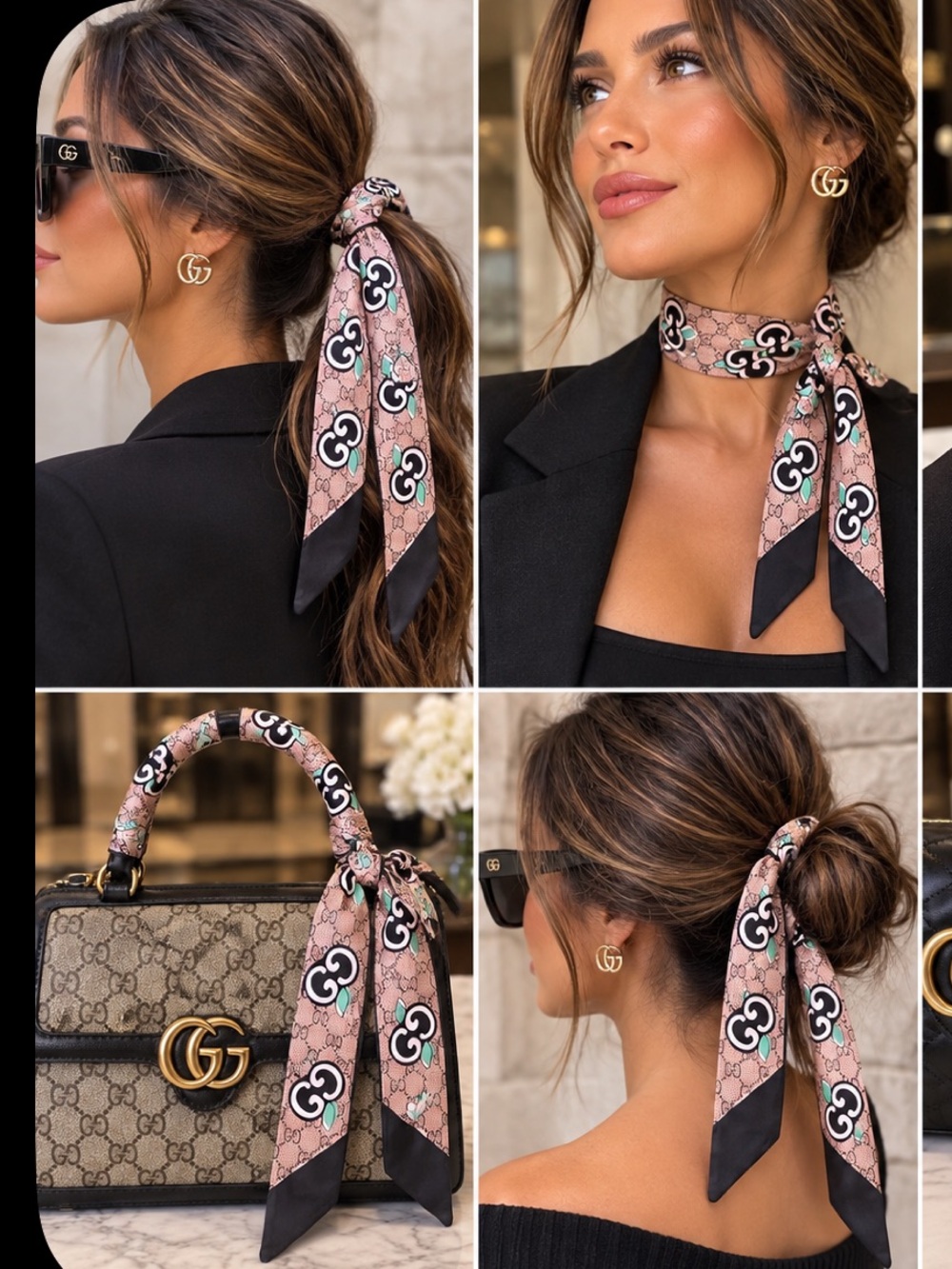 Pink Logo-Print Silk Twilly with Mint Accents